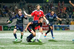 Sam Fink wheels away after scoring in 82nd minute against Wilmington Hammerheads. via Mark Guthrel