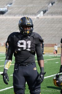 Mizzou defensive lineman Charles Harris participates in drills during the fourth spring practice Tues. March 18, 2014. (Photo Courtesy: Garypinkel.com) 