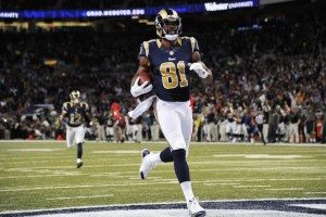 ST. LOUIS, MO. November 16, - Wide receiver Kenny Britt #81 of the St. Louis Rams crosses the goal line with a 63 yard touchdown strike to make the score 10-0 in the first quarter against the Denver Broncos at Edward Jones Dome November 16, 2014 St. Louis, MO (Photo By Joe Amon/The Denver Post)