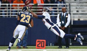 Rodney McLeod right before landing his big hit on Emmanuel Sanders in against the Broncos in 2014. Photo by Dilip Vishwanat.