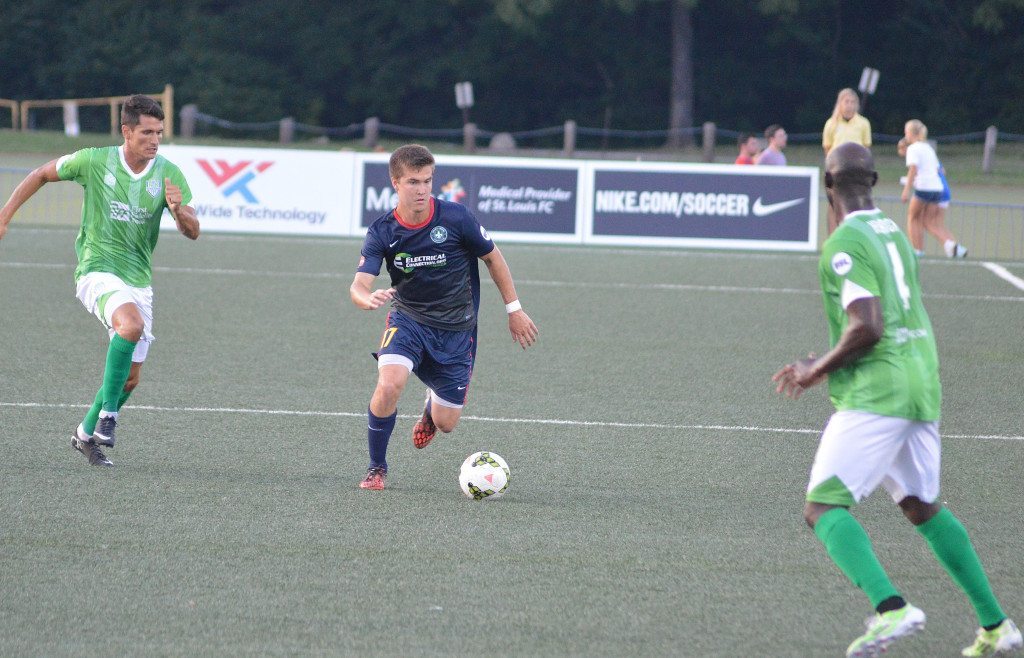 Jacob Bushue (Saint Louis FC) controlling play in the midfield against OKC Energy FC