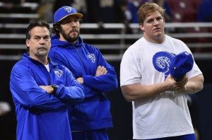 Barrett Jones on the sideline battling an injury alongside injured QB Sam Bradford and Head Coach Jeff Fisher. Photo by Jasen Vinlove.