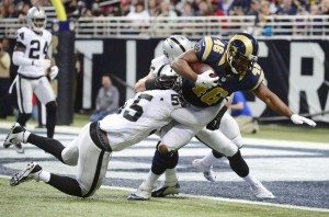 Cory Harkey scoring his only touchdown of the 2014 season against the Oakland Raiders. Photo by Jeff Curry.