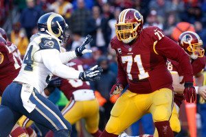 Dec 7, 2014; Landover, MD, USA; Washington Redskins tackle Trent Williams (71) blocks against the St. Louis Rams at FedEx Field. Mandatory Credit: Geoff Burke-USA TODAY Sports