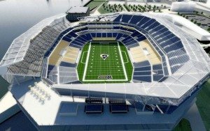 A digitalized picture of what a new stadium on the riverfront could look like for the Rams. 