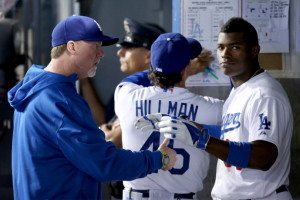 Mark McGwire with Yasiel Puig as Dodgers hitting coach. (Photo by Jeff Gross/Getty Images)