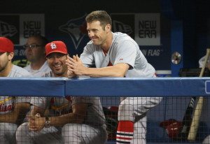 Hitting coachJohn Mabry chats with Peter Bourjos during a game in Toronto. (Photo by Tom Szczerbowski/Getty Images)