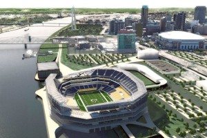 The proposed riverfront stadium for the St. Louis Rams.