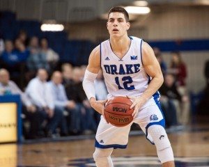 Dec 9, 2015; Des Moines, IA, USA; Drake Bulldogs guard Reed Timmer (12) looks to pass the ball during the second half against the DePaul Blue Demons at Knapp Center. Depaul won 74-71. Mandatory Credit: Jeffrey Becker-USA TODAY Sports