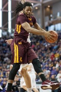 Jan 16, 2016; Cedar Falls, IA, USA; Loyola (Il) Ramblers forward Montel James (24) grabs the rebound against the Northern Iowa Panthers during the first half at McLeod Center. Mandatory Credit: Jeffrey Becker-USA TODAY Sports