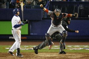 Yadier Molina celebrates following the Cardinals' NLCS victory in 2006.