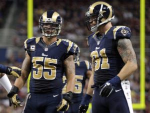 St. Louis Rams linebacker James Laurinaitis, left, and defensive end Chris Long during the second quarter of an NFL football game against the Arizona Cardinals Sunday, Sept. 8, 2013, in St. Louis. (AP Photo/Tom Gannam)